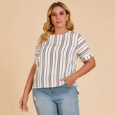 Plus size women's blouse loose round neck cuff casual striped T-shirt Sai Feel